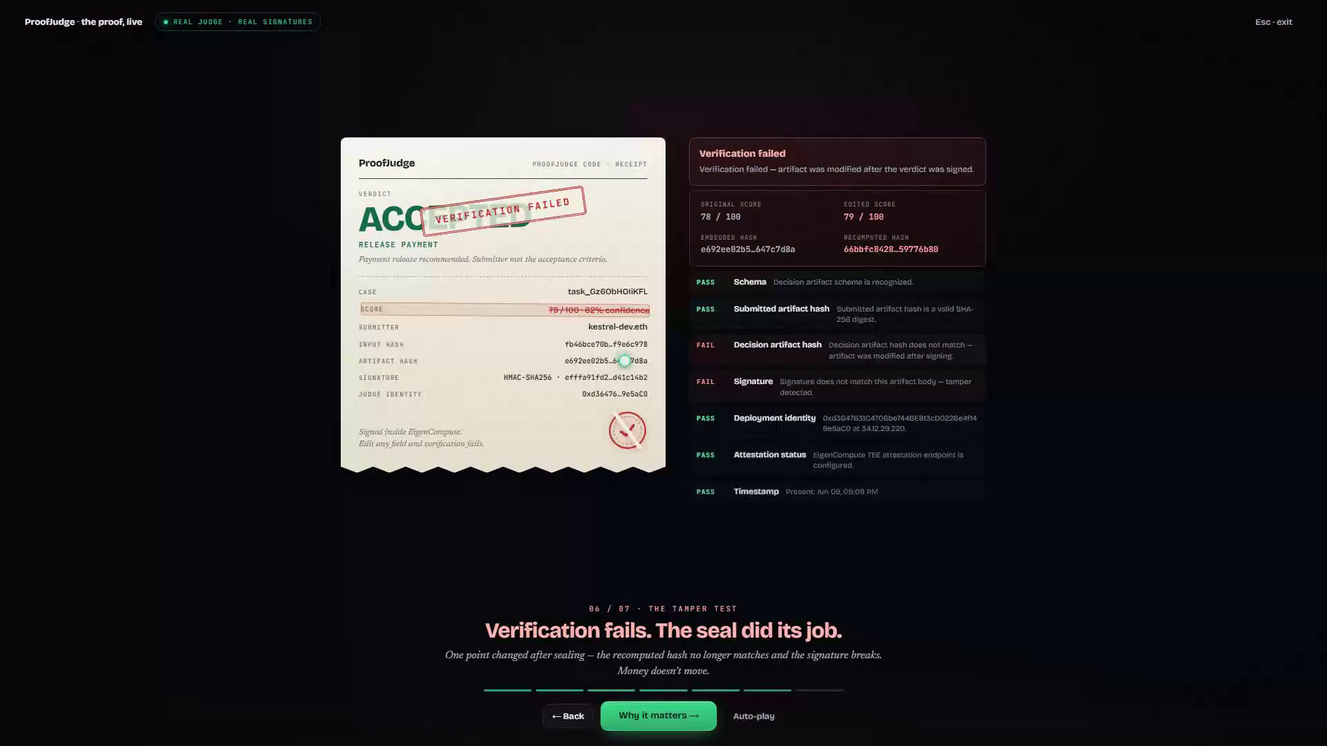 ProofJudge tamper test with failed hash and signature checks